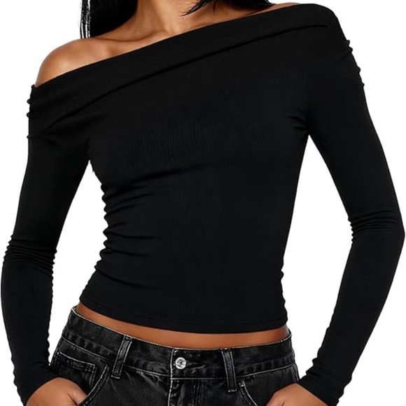 Amazon Tops - Women Long Sleeve Off The Shoulder Tops Going Out Crop Top Black
